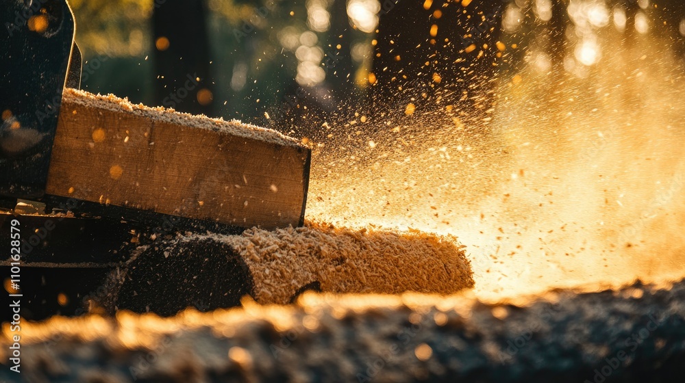 Poster Close-up of a rugged log splitter working on a log in a forest, with sawdust flying and the natural landscape as the backdrop.