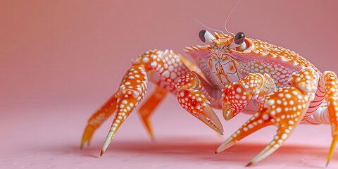 Vibrant Orange Crab with White Dots on Pink Background, A Detailed Digital Illustration of a Crustacean