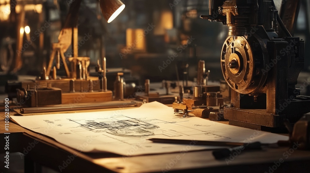 Poster Close-up of a technical drawing of a machine part being worked on by an engineer in a well-lit workshop with drafting tools in use.