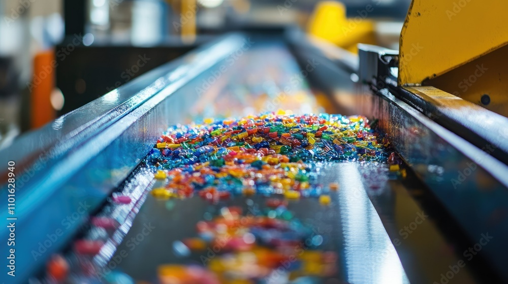 Poster Close-up of a vibrant sorting machine working in a plastic factory, separating materials with advanced technology and clear color-coded outputs