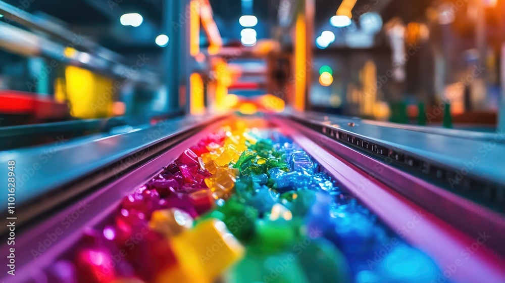 Poster Close-up of a vibrant sorting machine working in a plastic factory, separating materials with advanced technology and clear color-coded outputs