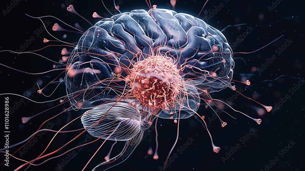 Poster a surreal depiction of a brain intertwined with jellyfish, symbolizing the connection between intell