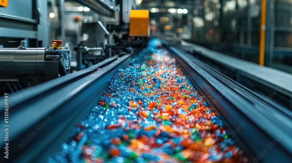 Poster Close-up of a vibrant sorting machine working in a plastic factory, separating materials with advanced technology and clear color-coded outputs