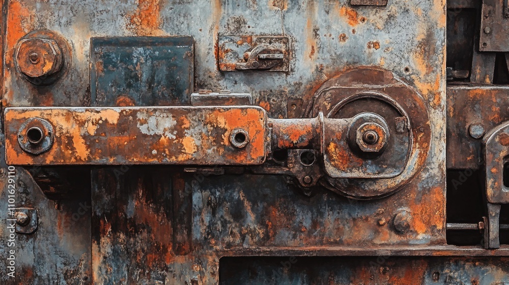 Poster close-up of a vintage press machine in a factory, with rusted metal components and the machinery int