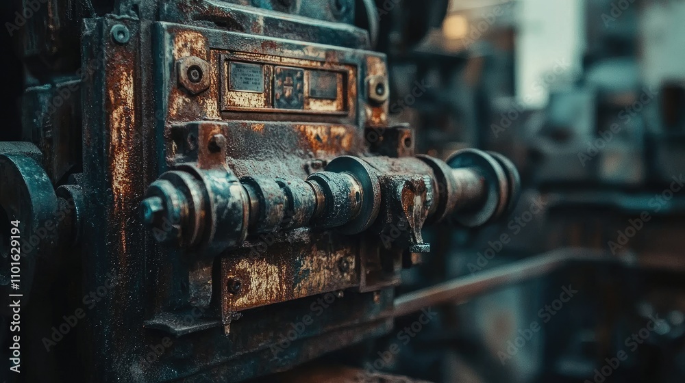 Poster close-up of a vintage press machine in a factory, with rusted metal components and the machinery int
