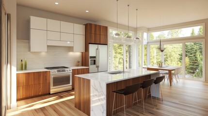 Modern Kitchen Design With Island And Large Windows