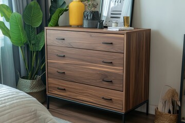 Wooden dresser, plants, decor, modern bedroom.