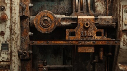 Close-up of a vintage press machine in a factory, with rusted metal components and the machinery intricate details, capturing the essence of industrial history