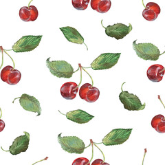 Pattern seamless of cherry bunches with leaves hand drawn in watercolor. Ripe berries on branches of berry bushes, trees. Berries are painted very brightly red, burgundy, purple and green colors. This