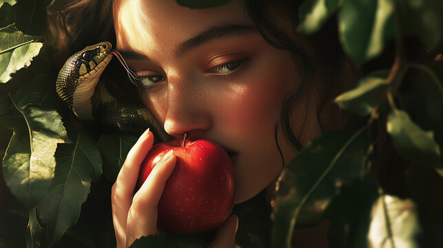 A dramatic moment of Eve holding the apple close to her lips, the serpent's head peeking from behind the leaves