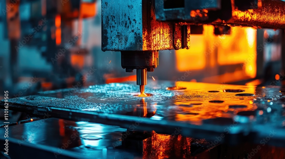 Poster close-up of an industrial press machine in action, with bright workshop lighting casting colorful re