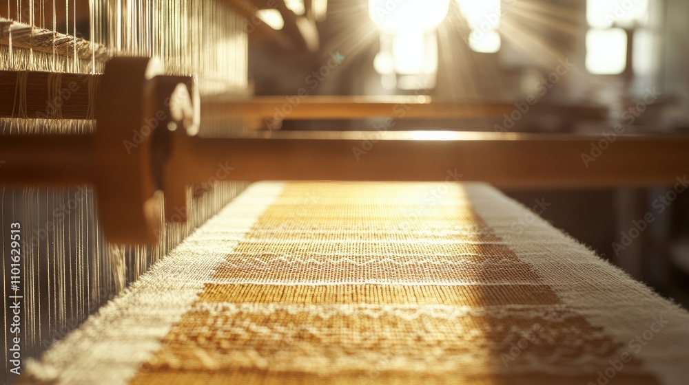 Poster close-up of an antique textile loom at work, weaving intricate patterns on beautifully crafted fabri