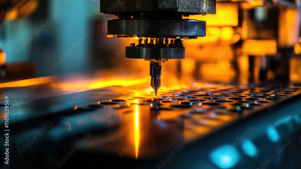 Poster close-up of an industrial press machine in action, with bright workshop lighting casting colorful re