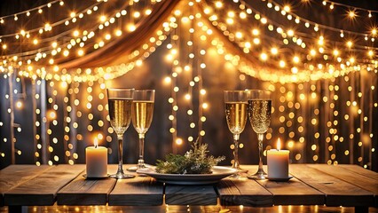 Romantic Festive Dinner Setting with Sparkling Lights and Champagne
