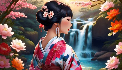 花びらが優しく空中に舞い、咲き誇るバラとユリの滝に囲まれた優雅な女性。彼女のドレスは花柄で精巧にデザインされており、周囲の庭園に見事に溶け込んでいます