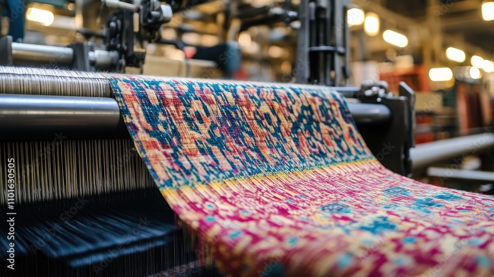 Aufkleber Detailed view of a loom machine weaving a complex, colorful pattern, with a bustling factory environment in the background.
