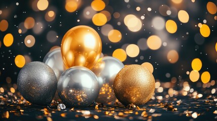 Elegant display of gold and silver helium balloons amidst shimmering bokeh lights, perfect for party decorations and invitation backgrounds with ample space for text.