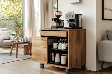 Wooden coffee cart with espresso machine, grinder, and mugs.