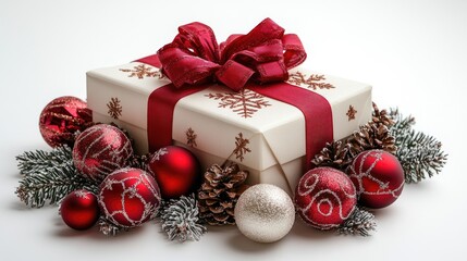 Festive white gift box with red ribbon surrounded by shiny red and silver Christmas ornaments and pinecones on a clean white background, perfect for holiday greeting cards.