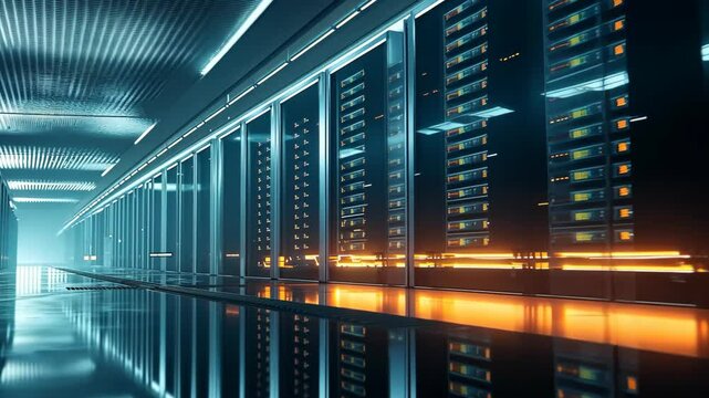 Futuristic server room hallway with glass walls and bright lighting