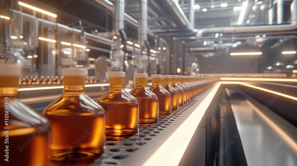 Aufkleber High-tech filling machine dispensing liquids into bottles, with precision and automation on a large packaging line in a modern factory.