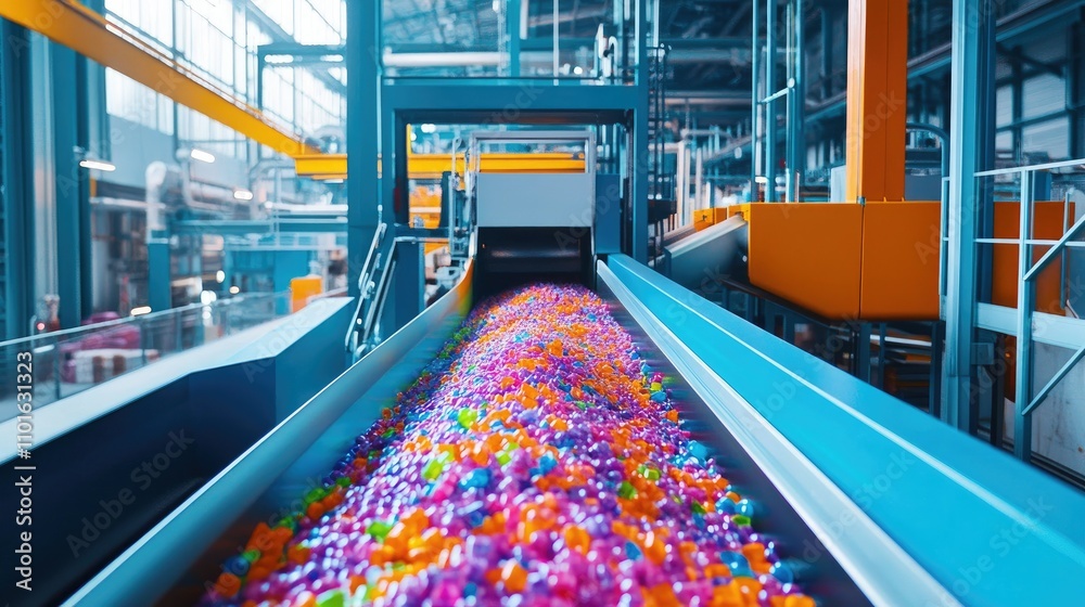Poster High-tech plastic sorting system in a factory, showcasing vibrant colors and advanced sorting mechanisms in action for eco-friendly manufacturing