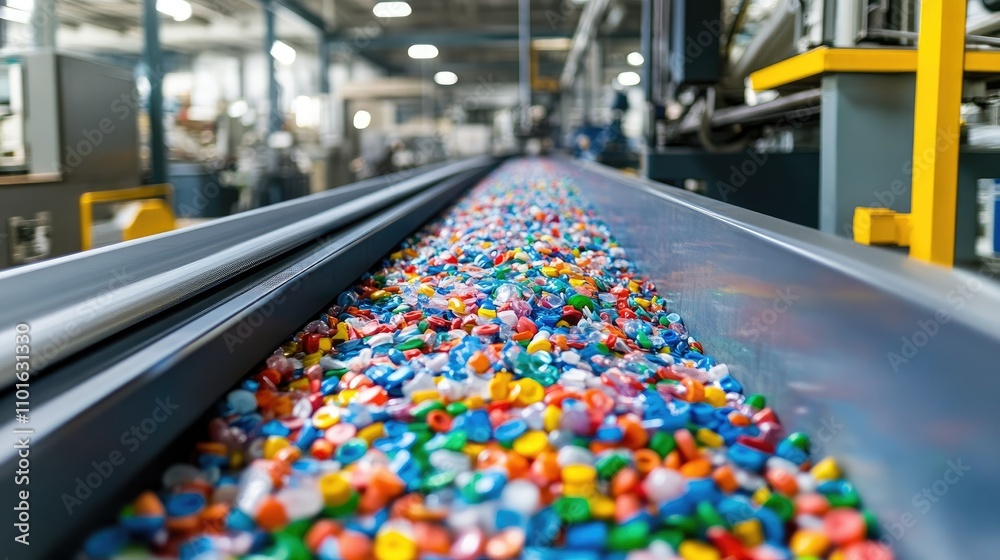 Poster High-tech plastic sorting system in a factory, showcasing vibrant colors and advanced sorting mechanisms in action for eco-friendly manufacturing