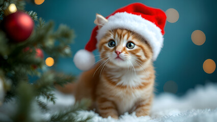 Cute kitten wearing red Santa hat with Christmas decoration in background. Cat Santa fur cap.