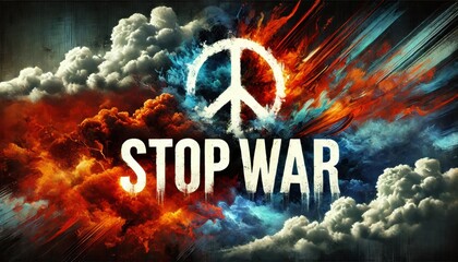 Stop war message with peace symbol surrounded by dramatic red and blue clouds
