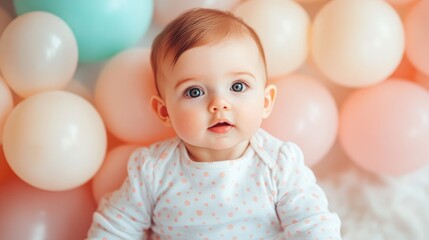 Charming birthday invitation design featuring a sweet baby surrounded by soft pastel balloons in pastel colors, perfect for a child's celebration.