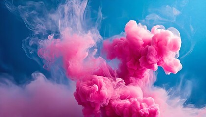 Fototapeta premium Vibrant Stock Photo of Ethereal Pink Smoke Clouds Rising Against a Solid Blue Background, Capturing Bold Contrasts and Soft, Dreamy Aesthetic in a High-Definition Image Perfect for Creative