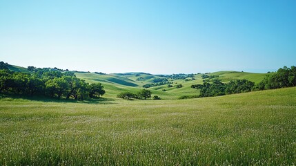 Obraz premium Serene Rolling Hills: A picturesque vista of lush green hills rolling gently under a bright blue sky, a tranquil scene evoking a sense of peace and serenity. 