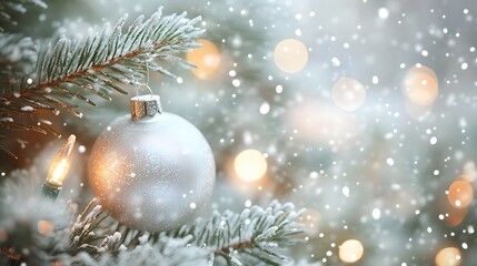 Obraz premium Silver Ornament Adorns Snowy Christmas Tree Branch