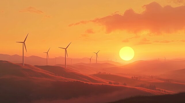Sunset over rolling hills, wind turbines.
