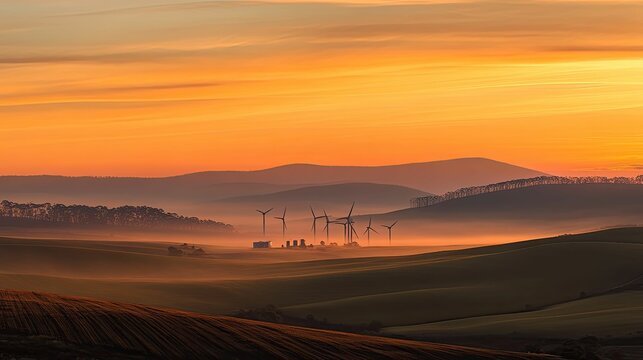 Sunrise over rolling hills, wind turbines, and farm.