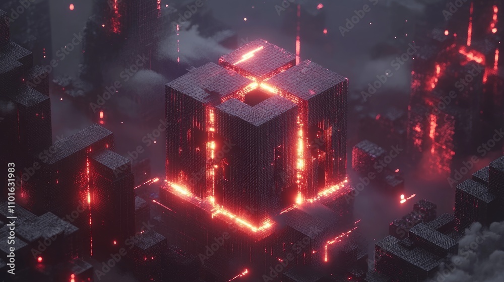 Aufkleber cybersecurity visualization, network encryption layers forming around a glowing data shield.