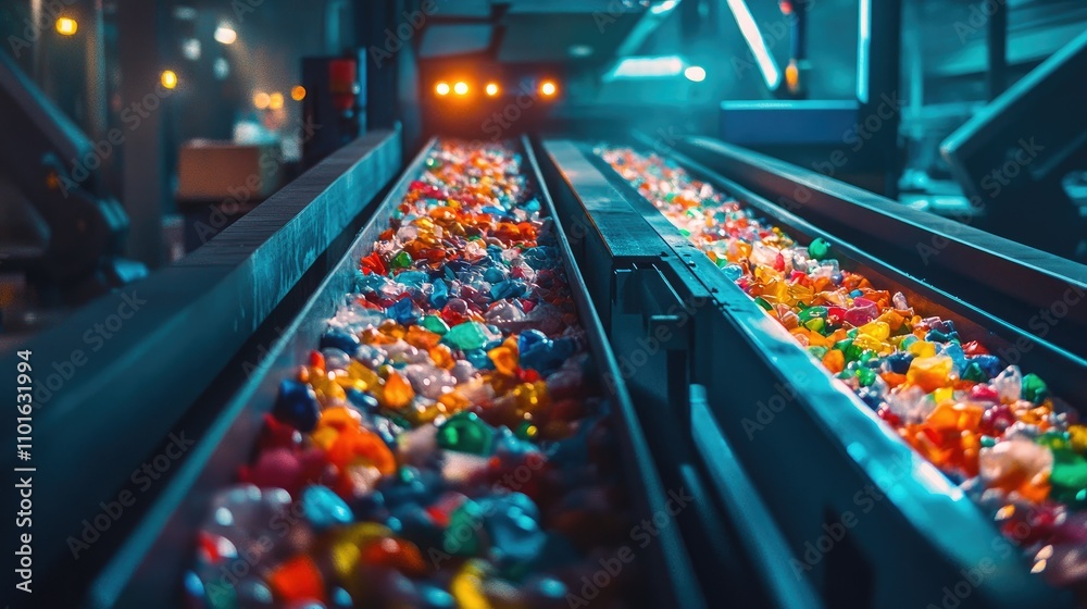 Poster Industrial sorting machine processing plastic waste in a factory, the machine bright lights and colorful components helping to organize materials efficiently