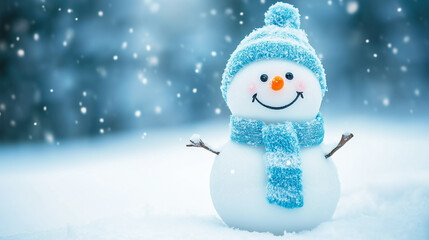 Obraz premium cheerful snowman with a blue hat and scarf in a snowy winter landscape with falling snowflakes. Copy space. Generative AI 