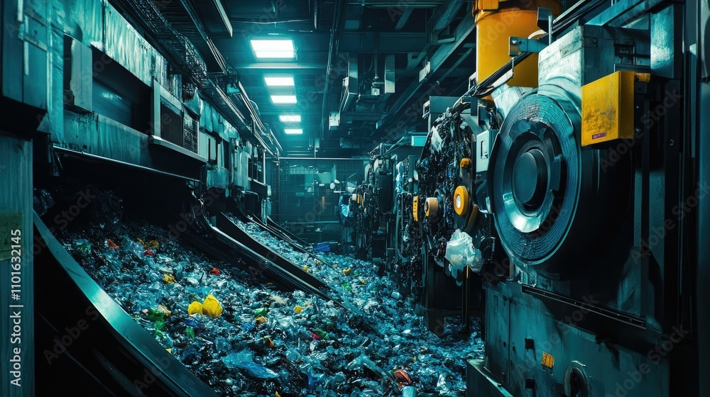 Poster Industrial sorting machine processing plastic waste in a factory, the machine bright lights and colorful components helping to organize materials efficiently