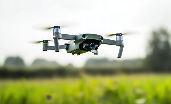 A white DJI Mavic Pro drone flying in the air, with green grass and trees behind it. The background is blurred against a pure white sky - Powered by Adobe