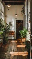 Naklejka premium A serene corridor filled with plants, natural light, and wooden flooring, creating a peaceful atmosphere.