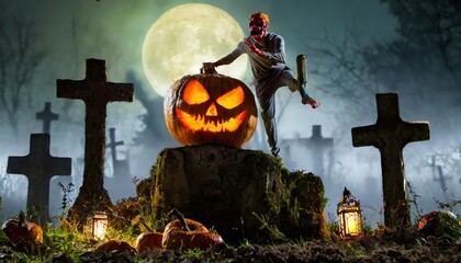 A spine-chilling image of a pumpkin-headed zombie eerily rising from a shadowy graveyard cemetery, surrounded by ominous mist, leafless trees, and cracked gravestones under a dark, menacing