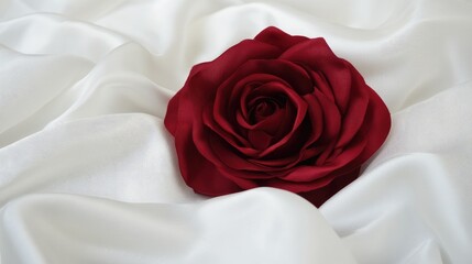 Close-up of a vibrant red rose resting on soft white silk, capturing the essence of romance, elegance, and beauty in a timeless composition.