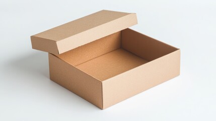 Open cardboard box on a white background showcasing a spacious interior and a detached lid, emphasizing its simple design and functionality.