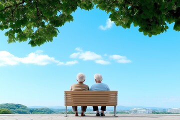 Elderly caucasian couple sitting on bench under tree with scenic view