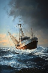 Obraz premium Rusty fishing trawler sails stormy sea.