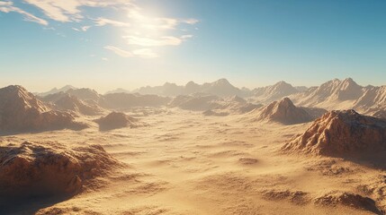 Naklejka premium Sandy desert landscape, sunlit mountains.