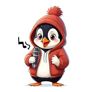 Cartoon penguin wearing a hoodie and beatboxing on a white background.
