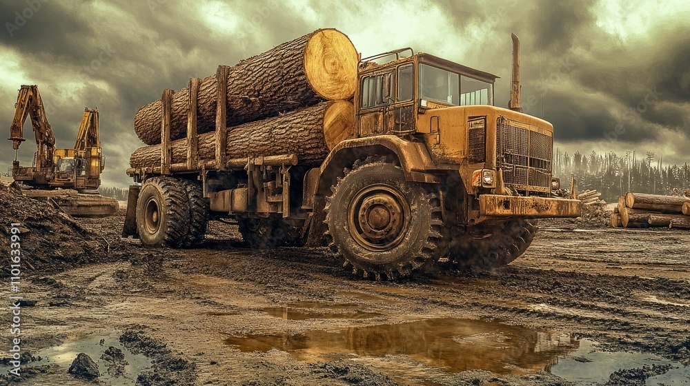 Aufkleber rugged logger truck on an industrial site, hauling large timber logs with a backdrop of machinery an