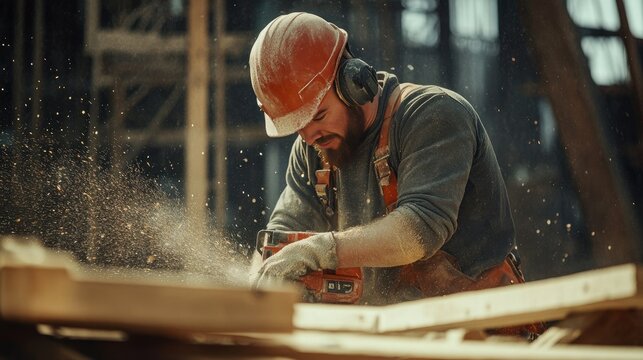 Rugged construction worker in action, saw in hand, cutting through wood with precision, in a dusty, hard-working site environment